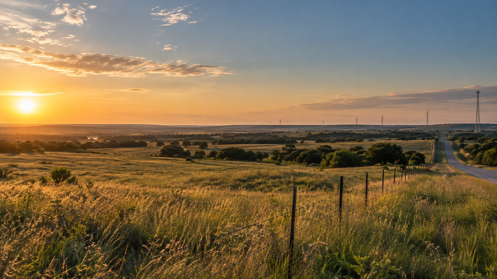 Open North Texas land with road, utilities, and a distant communications tower